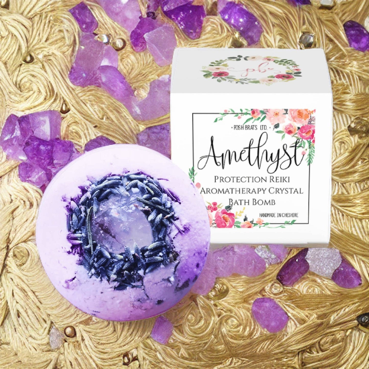 Amethyst Natural Crystal Dried Flowers Lavender Bath Bomb