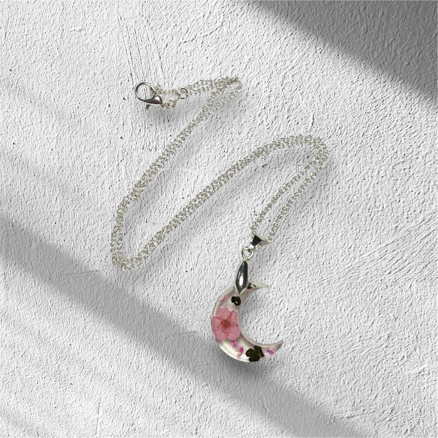 Pink Forget Me Not Moon Necklace