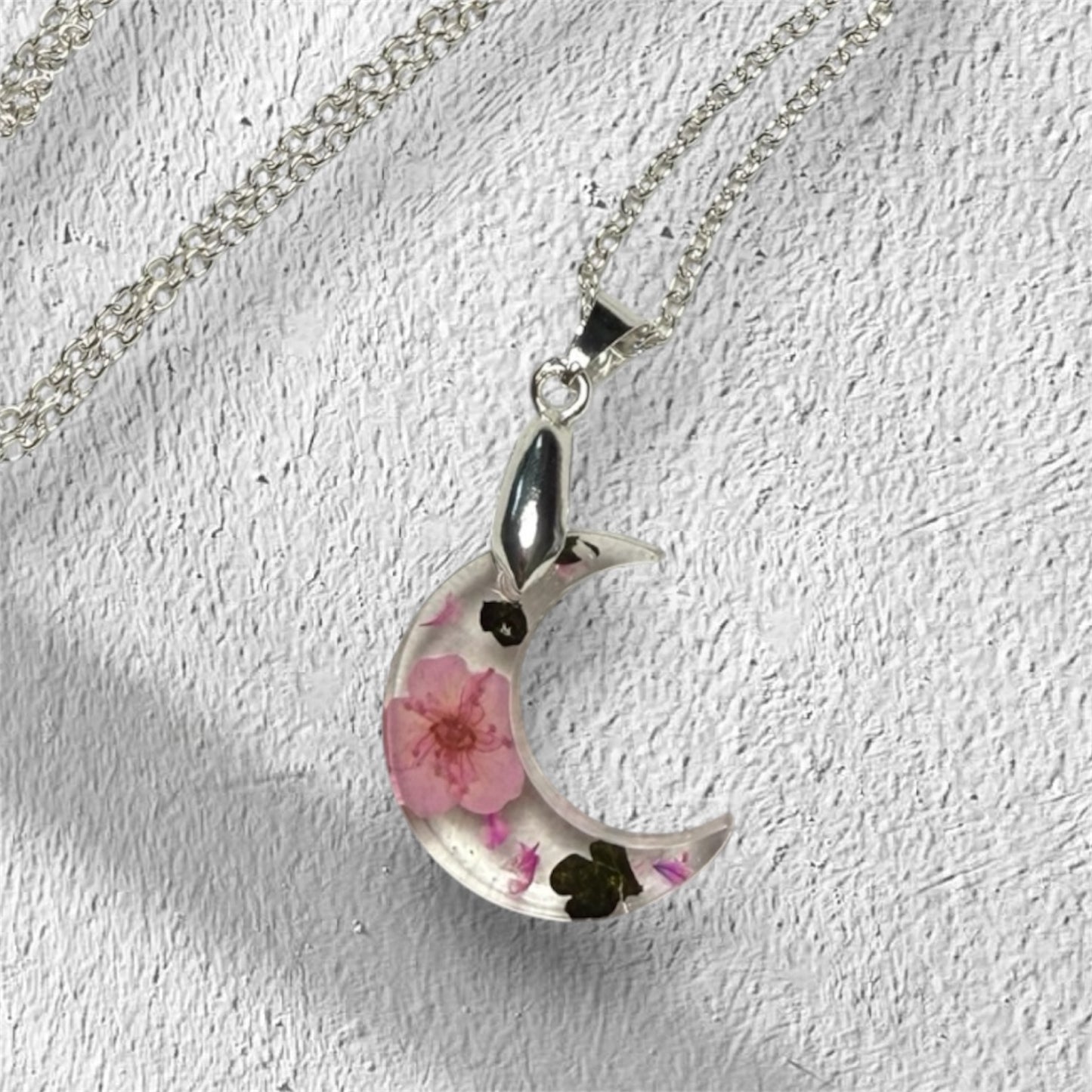Pink Forget Me Not Moon Necklace