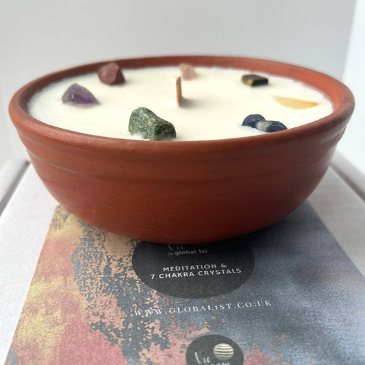 Clay Pot Candle, 12x4cm, Meditation with 7 Chakra Crystals