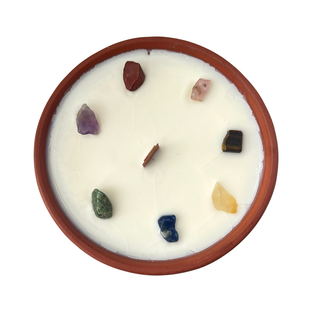 Clay Pot Candle, 12x4cm, Meditation with 7 Chakra Crystals