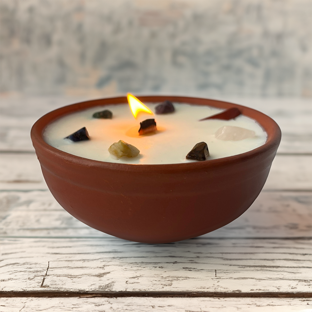 Clay Pot Candle, 12x4cm, Meditation with 7 Chakra Crystals