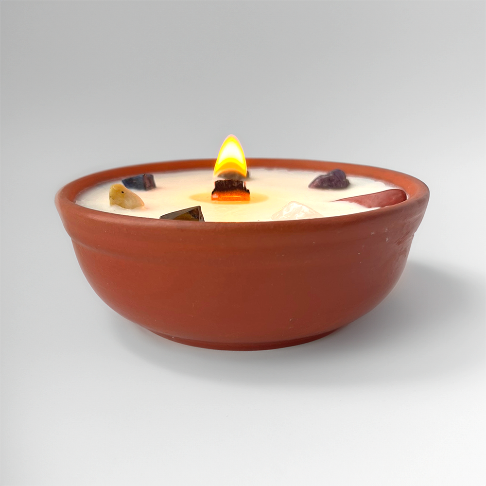 Clay Pot Candle, 12x4cm, Meditation with 7 Chakra Crystals