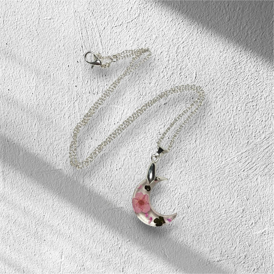 Pink Forget Me Not Moon Necklace