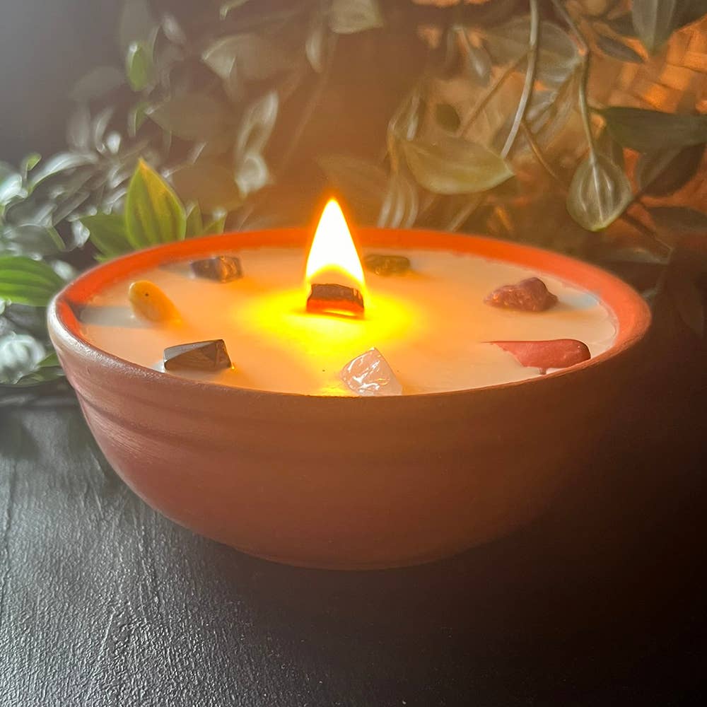 Clay Pot Candle, 12x4cm, Meditation with 7 Chakra Crystals